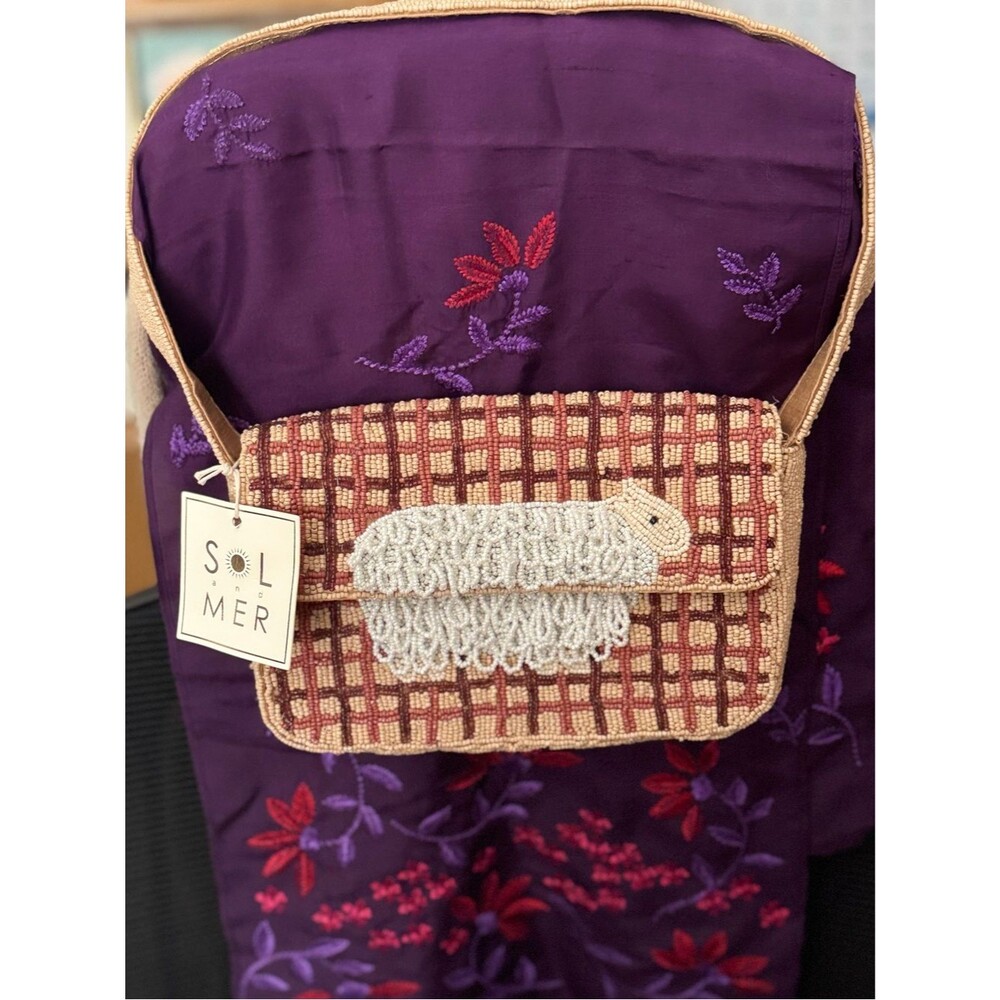 NWT Sol and Mer Viral 3D Beaded Sheep Shoulder Bag Plaid Flap Baguette